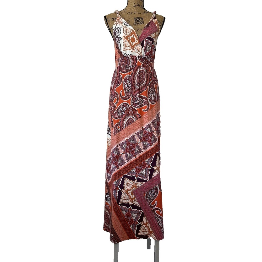 Garnet‎ Hill Women Small Maxi Dress Halter Top Y2K Paisley Geometric Boho Beachy